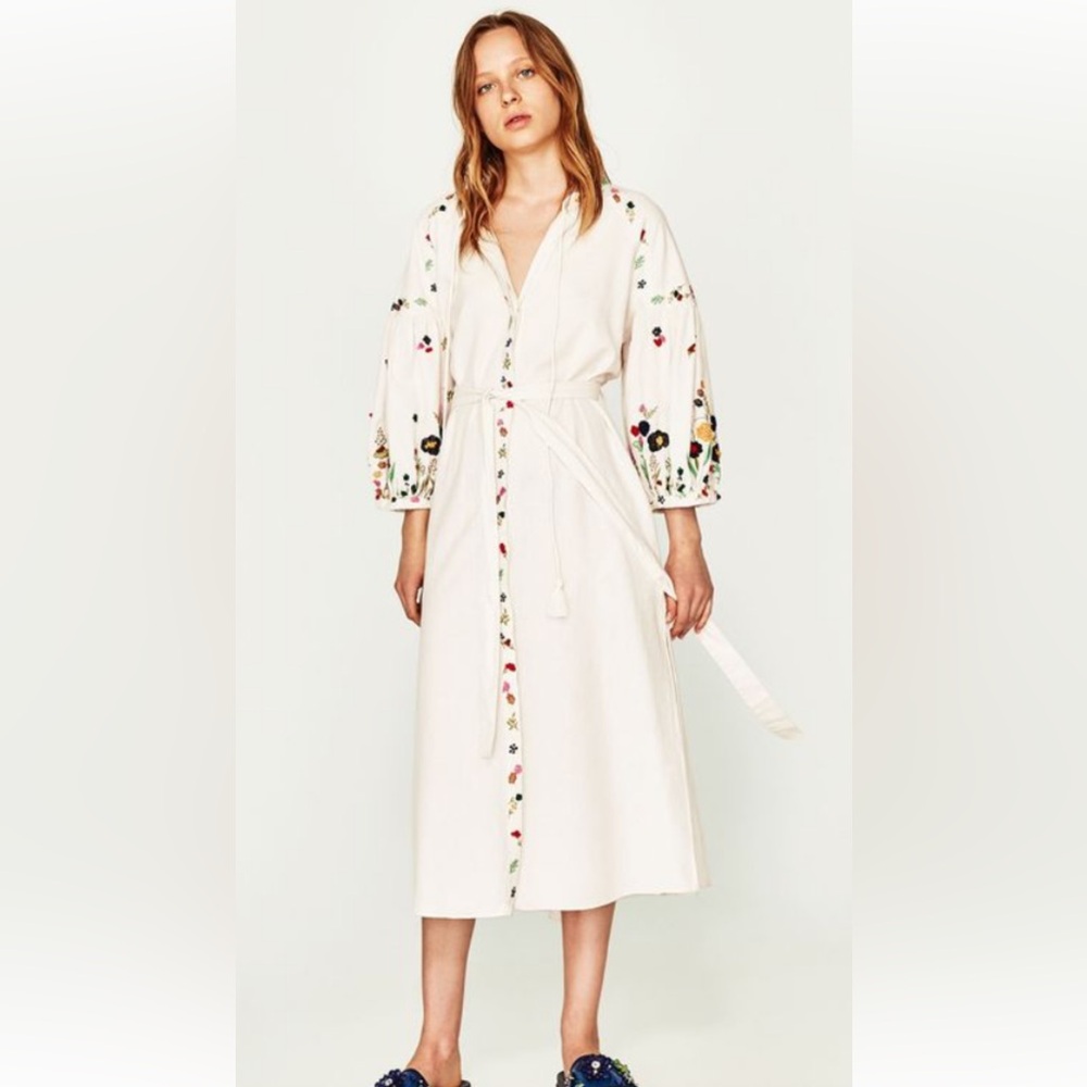 Zara Cream Midi Dress with Multicolor Floral Embroidery